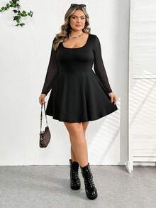 SHEIN CURVE+ 大码女式纯色网纱拼接连体裤，优雅黑色，长袖，适合通勤、约会、派对、外出、婚礼宾客等场合，独特黑色长袖网纱连衣裙 - 黑色 - 查看 6