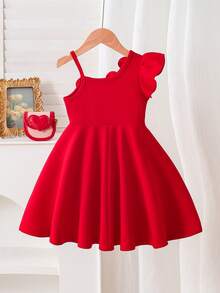 Souflis Souflis Váy yếm dây mảnh họa tiết hoa 3D thời trang màu đỏ cho bé gái, thanh lịch cho tiệc tùng, du lịch - Đỏ - Xem 2