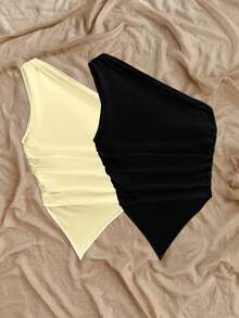 Soleia 2pcs Women's Solid Color Ruched Asymmetric Hem Fashionable Versatile Vacation Tops Spring - Multicolor - View 2