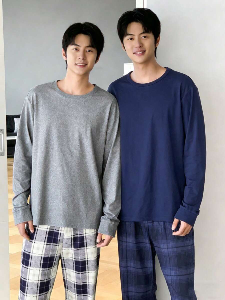 SHEIN 2 Sets Boy Pajamas, New Style Toddler Boys' Round Neck Light Gray And Navy Blue Long Sleeve Tops With Gray & White Plaid And Navy Blue Loose Casual Pants, Stretchy Knit Fabric, Machine Washable, Comfortable Fit Family Matching Outfits (2 Sets Sold Separately) Plaid Pajama Set Fall Winter