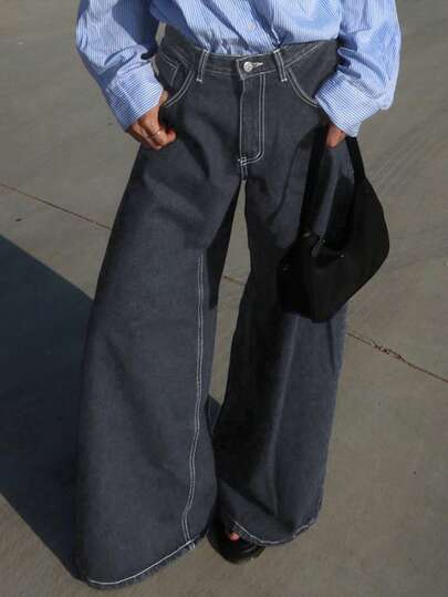 DAZY 女士纯色宽松阔腿长牛仔裤 Y2k