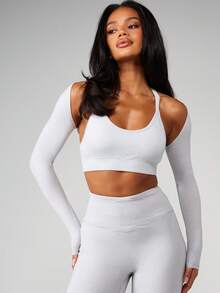 MISSGUIDED 长袖圆领露脐上衣，露背设计，镂空剪裁，露肩修身运动风女装 - 淺灰色 - 查看 1