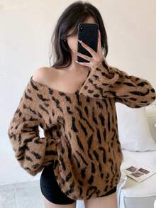 DAZY Suéter elegante de mujer con estampado de leopardo y cuello en V, otoño/invierno - Marrón - Ver 10