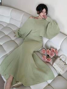 DAZY Bộ 2 món váy không tay trơn màu thanh lịch và áo len tay bồng cho nữ, Thu/Đông - màu xanh lá - Xem 10