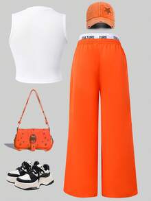 SHEIN ChillGRL 2件套少女街头风橙色星星印花抽绳侧边背心搭配撞色腰部工装口袋裤，休闲街头风穿搭，春夏款 - 橘色 - 查看 2