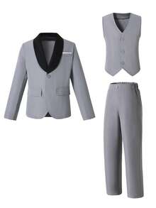 SHEIN 3 件套青少年男孩绅士套装：休闲西装外套 + 背心夹克 + 长裤，优雅的生日派对、婚礼、毕业典礼、周年纪念、婚礼嘉宾、花童、戒指持有者服装 - 灰色 - 查看 4