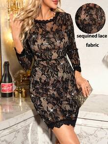 SHEIN Clasi 女士优雅蕾丝圆领长袖修身派对连衣裙，秋冬款 - 黑色 - 查看 8