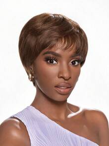 Natural  Wave Human Hair Bangs Wig 150% Density Dark Brown Short Wig For Women Human Hair Natural Layered Wig Brown Color - S4 - View 5