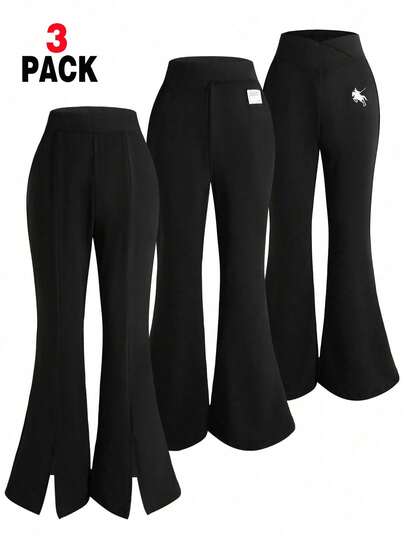 SHEIN Sparklyn 3pcs/Set Teenage Girls/Women Black Pants, Elegant Fitted Flare Pants, V-Neck High Waist Knit Flare Pants With White Horse Embroidery Decor, Versatile & Practical, Suitable For Spring, Summer, Autumn, Winter