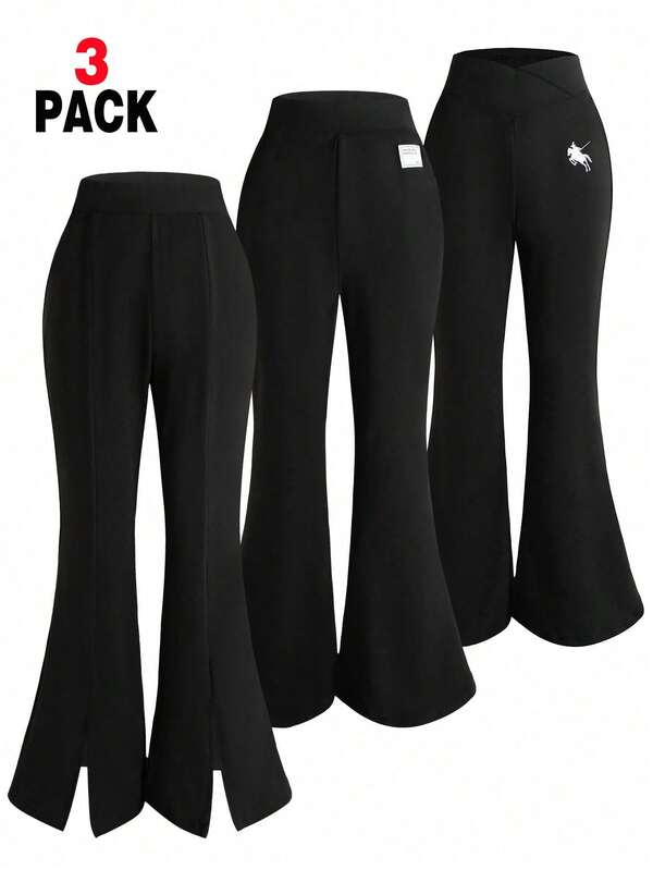 SHEIN Sparklyn 3 pièces/Set Pantalons noirs pour adolescentes/femmes, pantalons évasés élégants et ajustés, pantalons évasés en tricot à taille haute et col en V avec décoration de broderie de cheval blanc, polyvalents et pratiques, convenant pour le printemps, l'été, l'automne et l'hiver