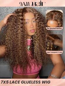 Wear&Go 无胶钢琴蜂蜜金色高光 4/27# 渐变色深卷发 7x5 预切蕾丝假发 真人发质融化蕾丝闭合假发