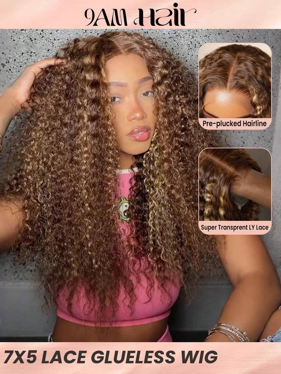 Wear&Go 无胶钢琴蜂蜜金色高光 4/27# 渐变色深卷发 7x5 预切蕾丝假发 真人发质融化蕾丝闭合假发