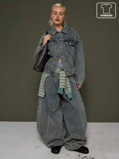 COUREZ 中蓝色水洗超大款牛仔夹克