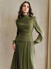 Anewsta New Elegant Ruched Collar Long Sleeve Dress For Women, Suitable For Fall, Winter, Spring, New Year, Party, Wedding, Elegant, Chic, Stylish, Christmas, Going Out - Army Green - View 3
