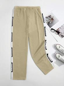 Claim Dot Loose Men's Patchwork Side Seam Drawstring Waist Pants Mens Sweatpants Mens Letter Print Pants - Khaki - View 2