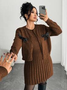 Elenzga Women's Elegant Sleeveless Dress With Long Sleeve Cardigan,Loose Fit Plus Size Knit Sweater Set,Brown Autumn Everyday Back-To-School Outerwear Dress - Coffee Brown - View 6