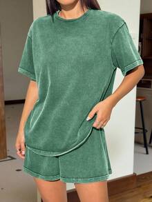 SHEIN EZwear 2pcs/Set Summer Knit Green Women Distressed T-Shirt And Shorts Set - Green - View 5