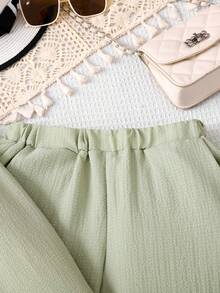 SHEIN Back To School Tween Girls 3-Piece Set: Green Loose Shacket, Suspender, And Elastic Waist Pants, Casual Fashion Outfit - Green - View 6