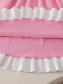 Young Girl Colorblock Peter Pan Collar Long Sleeve Cute Knitted Dress, Autumn/Winter - Pink - View 8