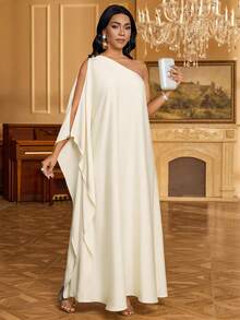 SHEIN Lady 女士纯色不对称蝙蝠袖宽松长裙 - 杏色 - 查看 7