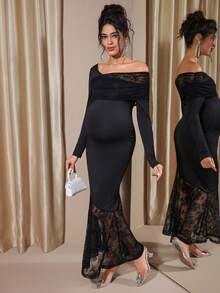 Momance 孕妇露肩蕾丝拼接时尚派对假日长袖美人鱼连衣裙 - 黑色 - 查看 1