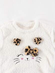女童珊瑚绒睡衣，卡通可爱猫咪印花，长袖，厚实舒适，适合学生、居家穿着或外穿，秋冬季款 - 白色 - 查看 7