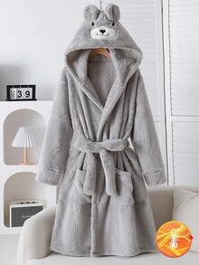 1pc Plus Size Women Gray Plush Hooded Robe With Bear Face And Ear Decor, Soft Knit Fabric With Embroidered Smiling Bear Face, Long Sleeve Full Length Jumpsuit Loungewear, Stretchy Knit Fabric Machine Washable Comfortable Fit Family Matching Outfits Mommy And Me (2 Sets Are Sold Separately), For Fall & Winter