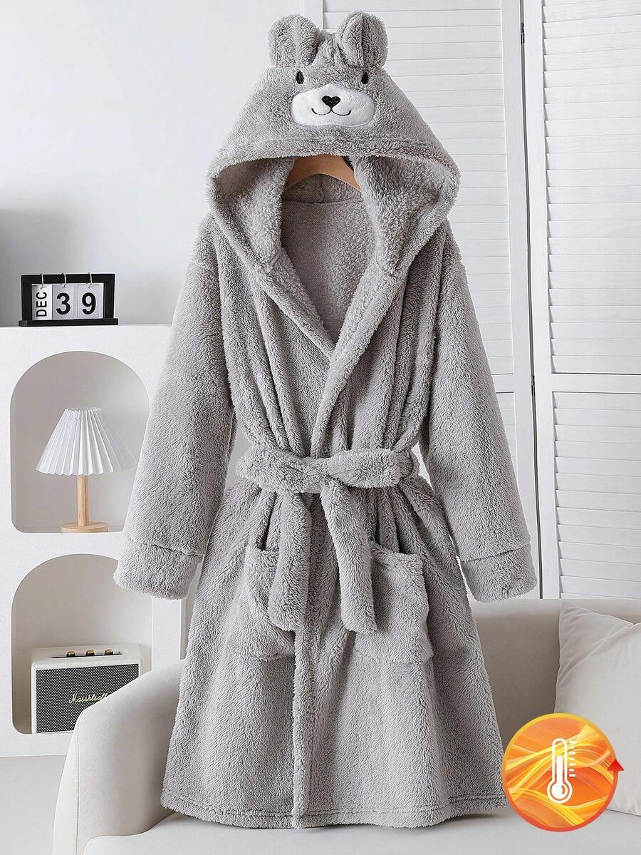 1pc Plus Size Women Gray Plush Hooded Robe With Bear Face And Ear Decor, Soft Knit Fabric With Embroidered Smiling Bear Face, Long Sleeve Full Length Jumpsuit Loungewear, Stretchy Knit Fabric Machine Washable Comfortable Fit Family Matching Outfits Mommy And Me (2 Sets Are Sold Separately), For Fall & Winter