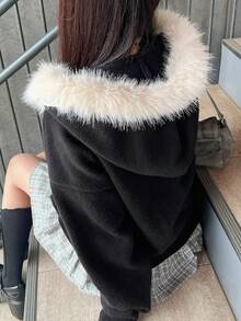 FRIFUL Cardigan casual ampio e versatile da donna, colore unito, con cappuccio, spalle scese, maniche lunghe, colletto in pelliccia e decorazione con cerniera, autunno/inverno, per la scuola - nero - Visualizzare 1
