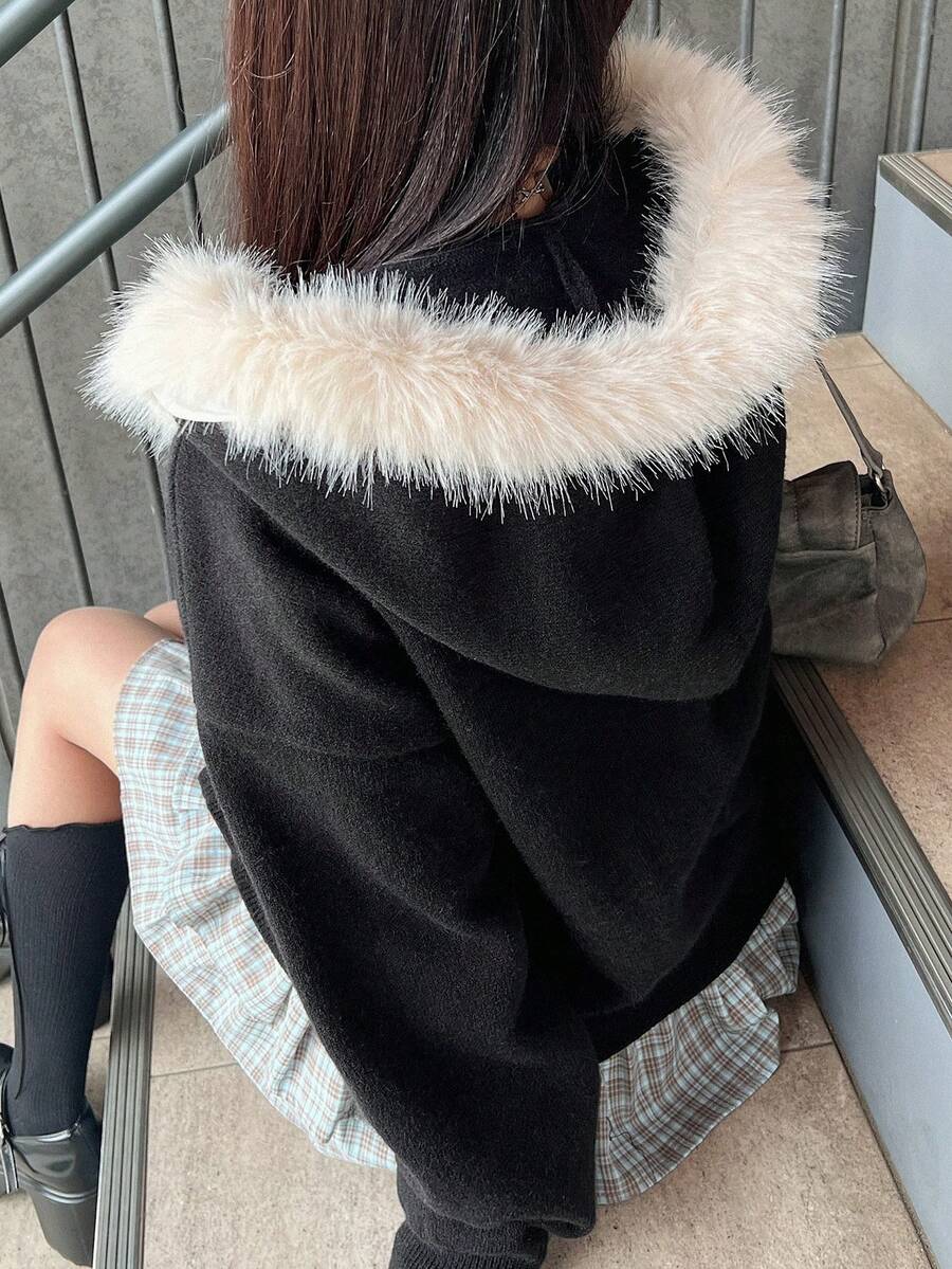 FRIFUL Cardigan casual ampio e versatile da donna, colore unito, con cappuccio, spalle scese, maniche lunghe, colletto in pelliccia e decorazione con cerniera, autunno/inverno, per la scuola - nero - Visualizzare 1