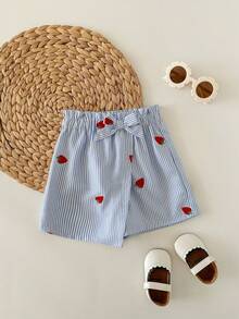 SHEIN Babygirl Cute Casual Versatile Striped Strawberry Pattern Elastic Waist Shorts - Multicolor - View 6