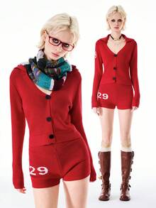 女士长袖提花针织开衫+针织短裤套装 - 酒紅色 - 查看 1