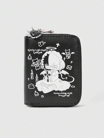 Grunge Punk Gray-Based Black Cat With Bowknot Design Cute Creative Multi-Functional Card Holder Wallet