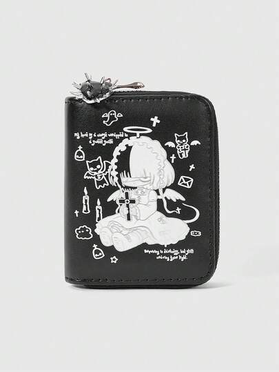 Grunge Punk Gray-Based Black Cat With Bowknot Design Cute Creative Multi-Functional Card Holder Wallet