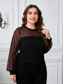 SHEIN Clasi 大码女式心形网纱拼接长袖时尚衬衫 - 黑色 - 查看 5
