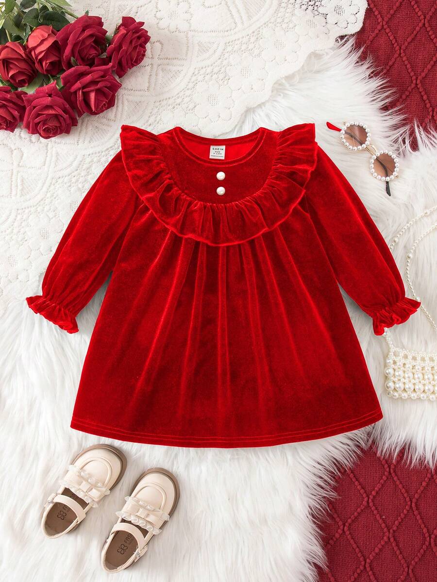 SHEIN Elegant Velvet Green Ruffle Trim Long Sleeve Dress Valentine's Day - Red - View 1