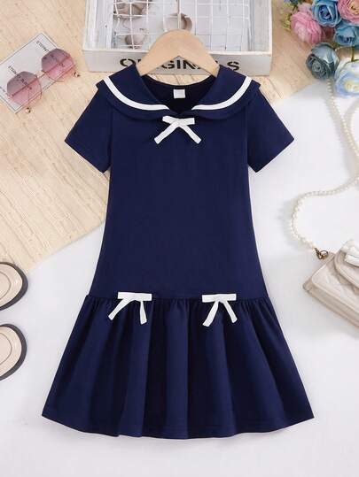 SHEIN Sparklyn 1pc Girls Casual Navy Blue Patchwork Peter Pan Collar Bow Decor Dress, Spring/Summer Girls Navy Blue Collared Dress School Uniforms Girl Navy Blue