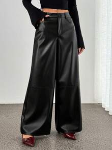 SHEIN PETITE 女士真皮长裤，简约前开襟纽扣设计，日常休闲百搭，女士下装 - 黑色 - 查看 1