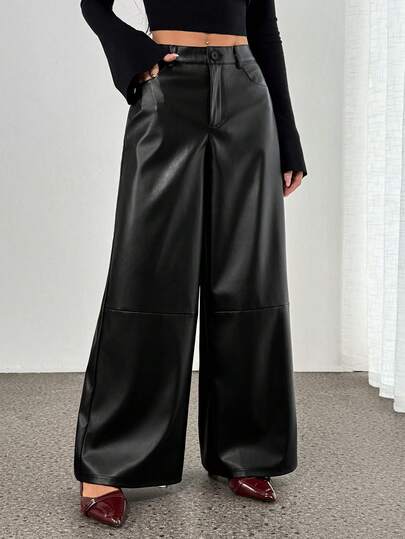 SHEIN PETITE Pantalones de cuero para mujer, de frente liso con botones, de estilo minimalista y casual, para uso diario, Bottom para mujer