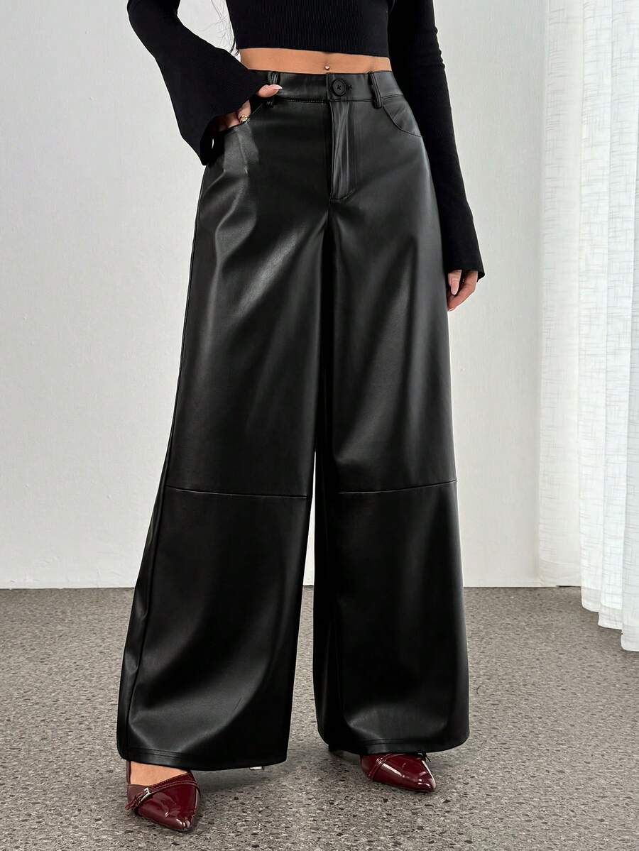 SHEIN PETITE 女士真皮长裤，简约前开襟纽扣设计，日常休闲百搭，女士下装 - 黑色 - 查看 1