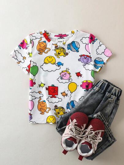 Mr Men Little Miss X SHEIN Young Girl Casual Daily Commute Fashionable Street Cute Cartoon Allover Print Short Sleeve T-Shirt, Summer
