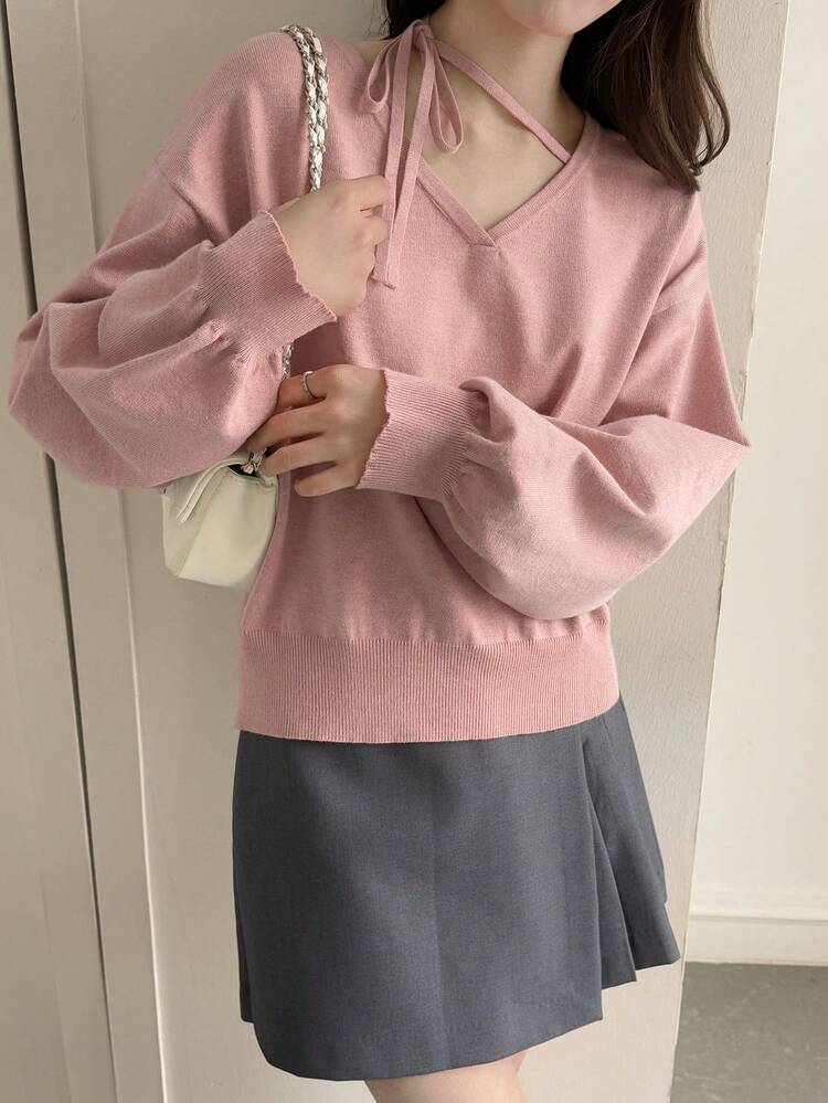 Women's Solid Color Drop Shoulder Long Sleeve Casual Loose Knit Sweater, Autumn/Winter