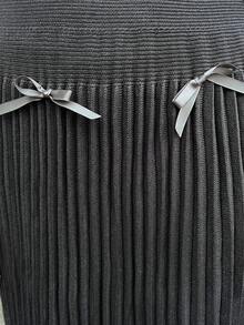 FRIFUL Women's A-Line Waist Bow Tie Knitted Patchwork Skirt - Grey - View 2