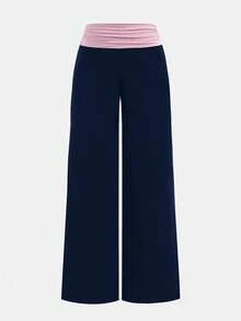 Teen Girls' Contrast Color Patchwork Knit Wide Waist Loose Fit Flare Pants, Comfortable Casual Versatile Trousers