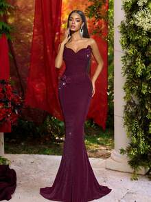 Glamrae 优雅简约针织露肩猫领褶裥内衬塑形紧身胸衣及腰部，3D手工人造花卉鱼尾裙摆，适合节日、婚礼、晚宴、音乐会、商务活动、社交媒体达人正式场合穿着。 - 酒紅色 - 查看 3