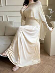 Modelyn 女士纯色褶皱披肩领优雅长裙，适合派对穿着 - 卡其色 - 查看 4