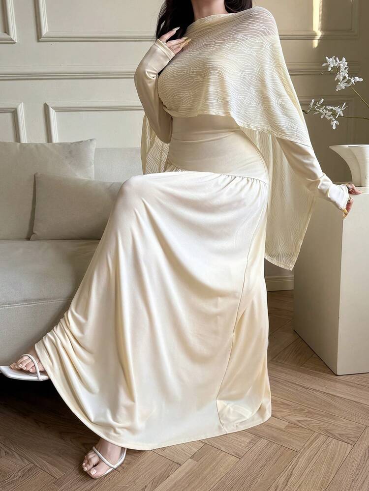 Modelyn 女士纯色褶皱披肩领优雅长裙，适合派对穿着 - 卡其色 - 查看 4