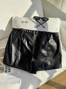 SHEIN EZwear Pantaloni scurți casual cu fermoar, culoare uni, mărime mare, pentru femei, super pantaloni scurți - Negru - Vizualizare 8