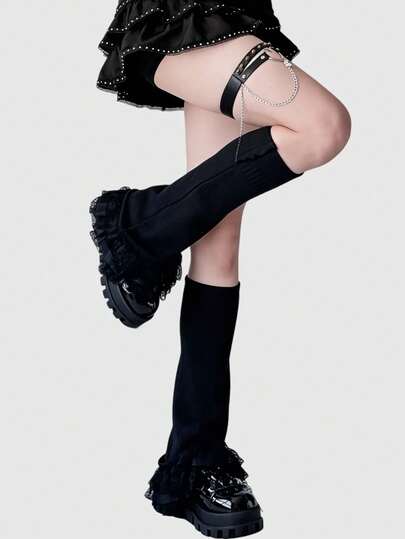 Anime 1 Paio di scaldamuscoli vintage Y2K Baddie in colore unito con design a patchwork e bordo in pizzo multistrato, manicotti per le gambe minimalisti e alla moda per pendolari, adatti per uso quotidiano, scuola, appuntamenti, viaggi e altri abbinamenti, autunno/inverno