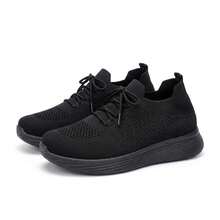 Mujer Zapatillas Deportivas De Tejido De Punto Transpirable Con Cordones Suela Gruesa Negro - Negro - Ver 6